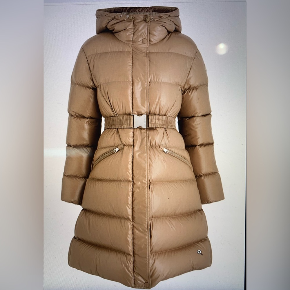 Moncler Bellevue Hooded Long Down Tan Puffer Jacket Belted With Removable Hood